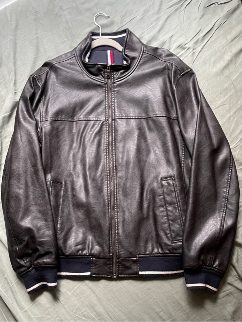 Tommy Hilfiger Black Leather Bomber Jacket with Navy Trim